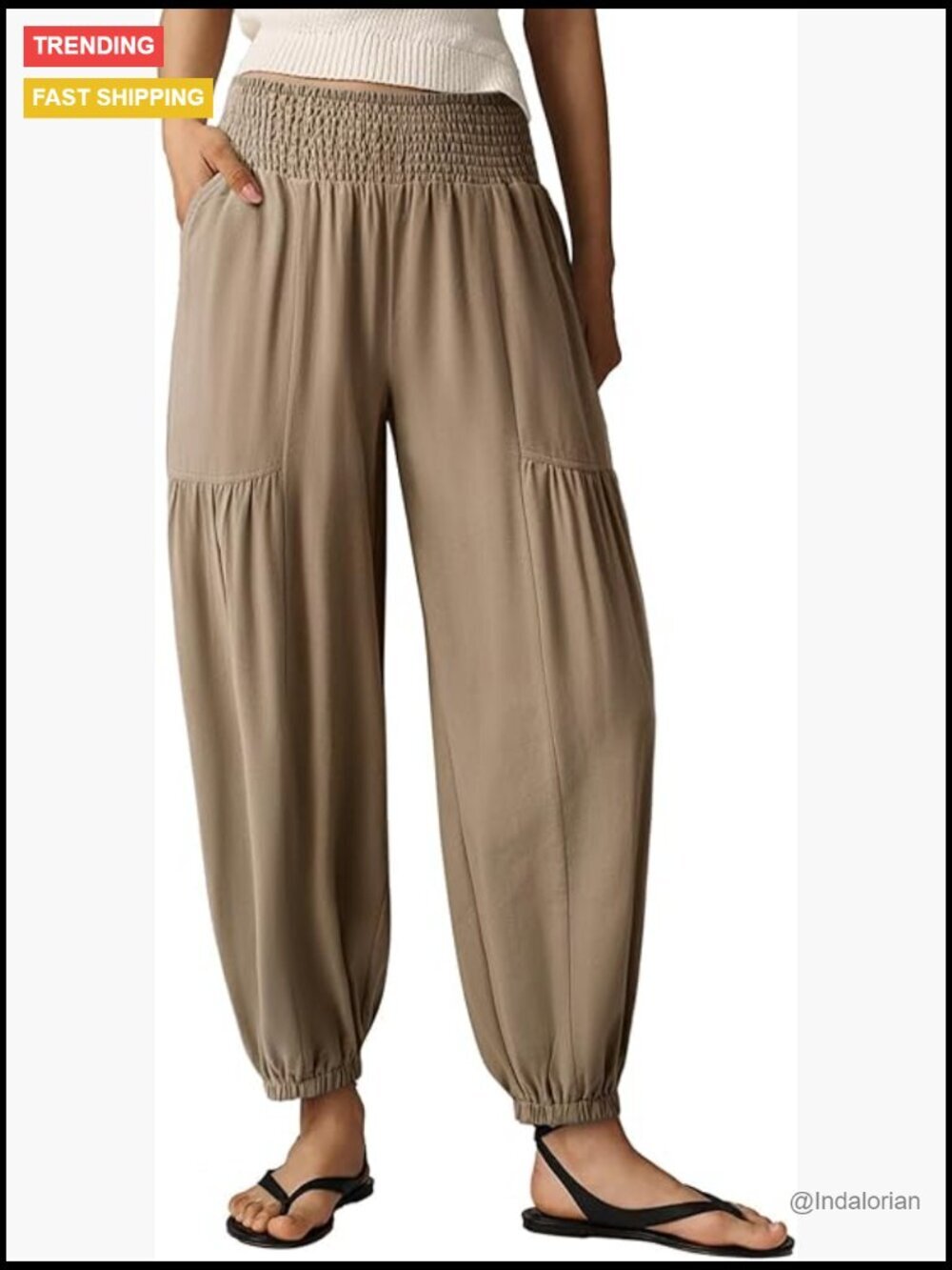 High Waisted Elastic Wide Leg Pants with Pockets Casual Cotton Trousers